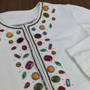 Vintage Keren Hart JEWELED Jacket Beaded Coat Women's MEDIUM Pockets Hook & Eye